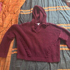 Maroon knit sweater with hood